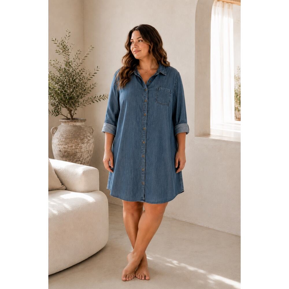 Eileen Fisher Denim Shirt Dress XL Tencel Organic Cotton Chambray